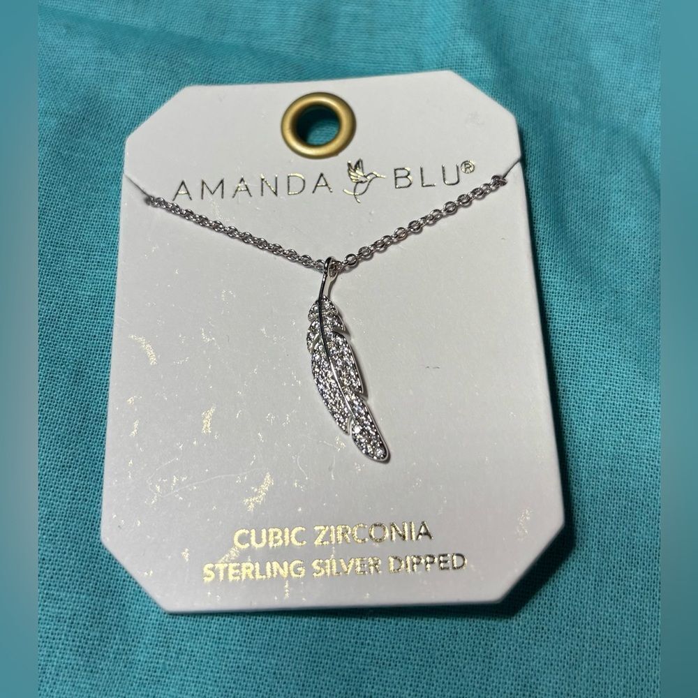 NEW! Amanda Blu Silver Feather Necklace Cubic Zirconia Sterling Silver Dipped